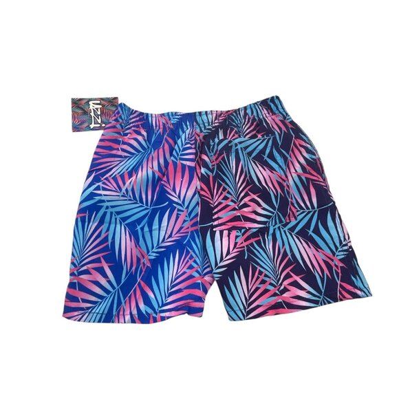 Uzzi NWT Boys Tropical Leaf Print Swim Trunks Navy Royal Size L Beach Casual - Picture 1 of 6